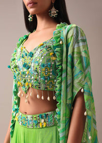 Parrot Green Quirky Printed Pallazo Set In Chinon