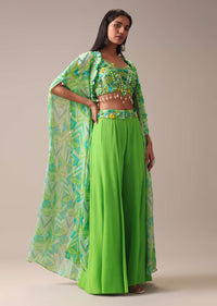 Parrot Green Quirky Printed Pallazo Set In Chinon