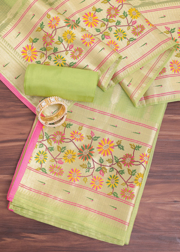 Parrot Green And Gold Paithani Woven Silk Dress Material