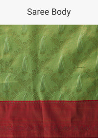 Parrot Green Brocade Silk Saree With Woven Detail And Unstitched Blouse Piece
