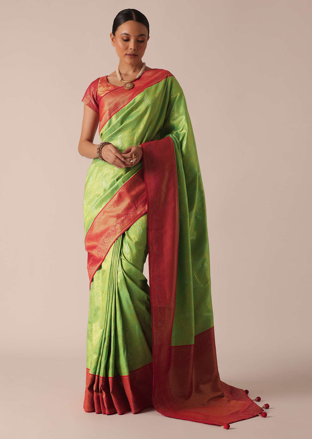 Parrot Green Brocade Silk Saree With Woven Detail And Unstitched Blouse Piece