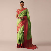 Parrot Green Brocade Silk Saree With Woven Detail And Unstitched Blouse Piece