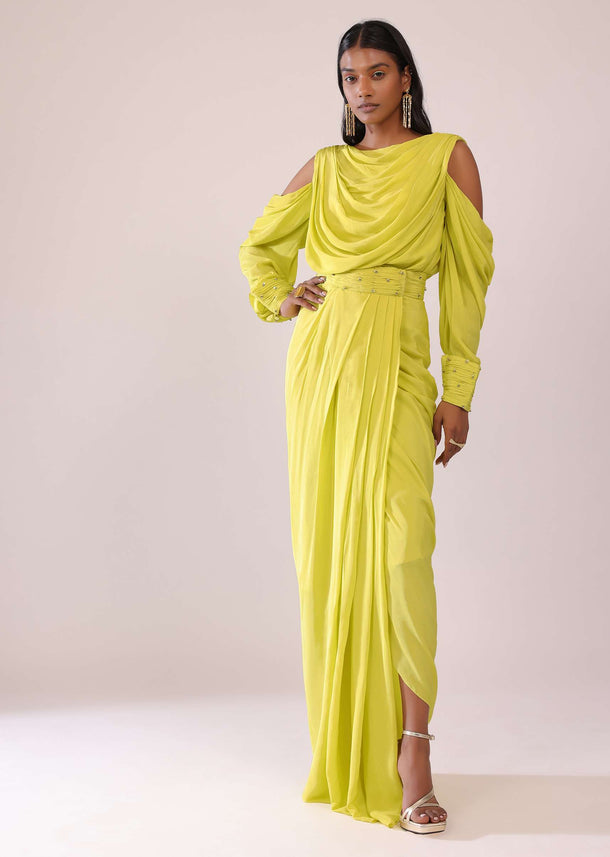 Sheen Green Cowl Top And Drape Skirt In Crepe