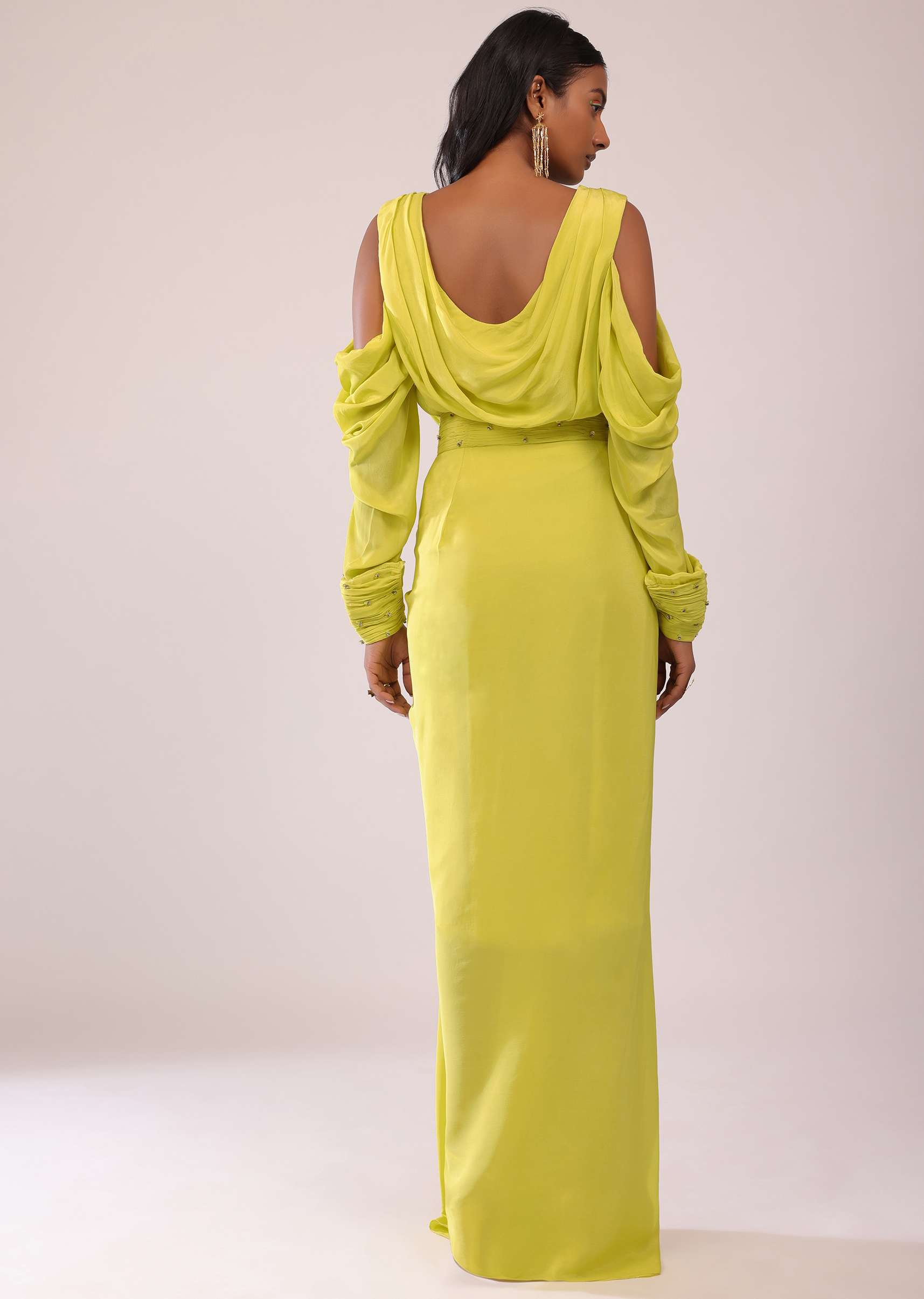 Sheen Green Cowl Top And Drape Skirt In Crepe