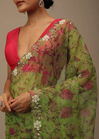 Parrot Green Cutdana Embroidered Saree In Organza With Floral Print