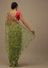 Parrot Green Cutdana Embroidered Saree In Organza With Floral Print