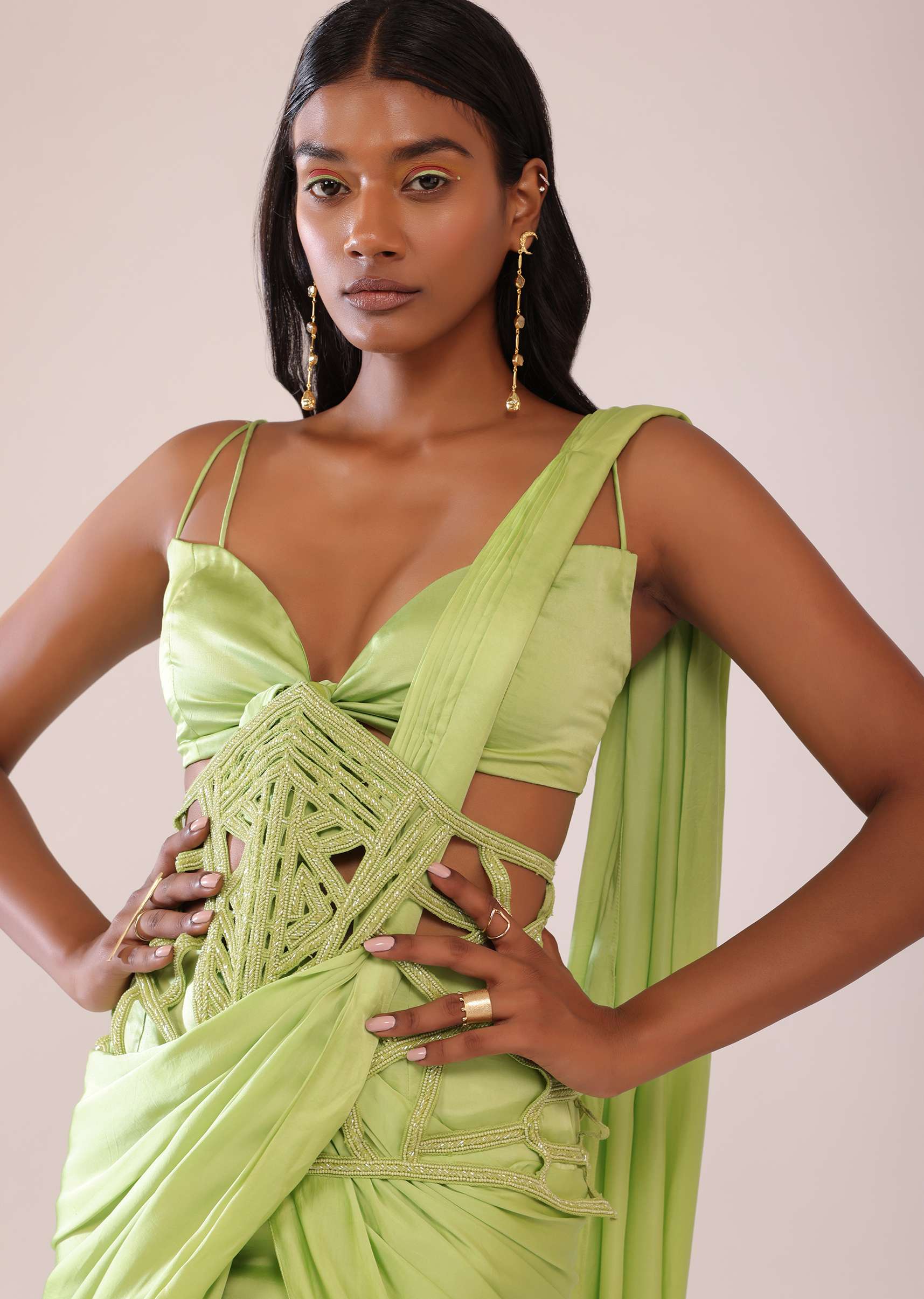 Tea Green Drape Saree And Blouse With Embroidered Belt