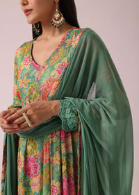 Parrot Green Floral Print Anarkali Set with Sequin Embellishments