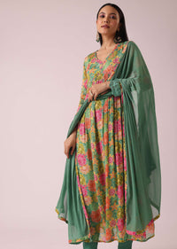 Parrot Green Floral Print Anarkali Set with Sequin Embellishments