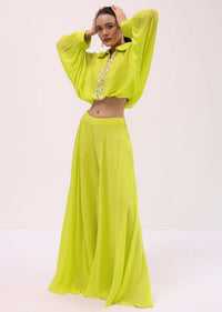 Parrot Green Georgette Crop Top And Palazzo