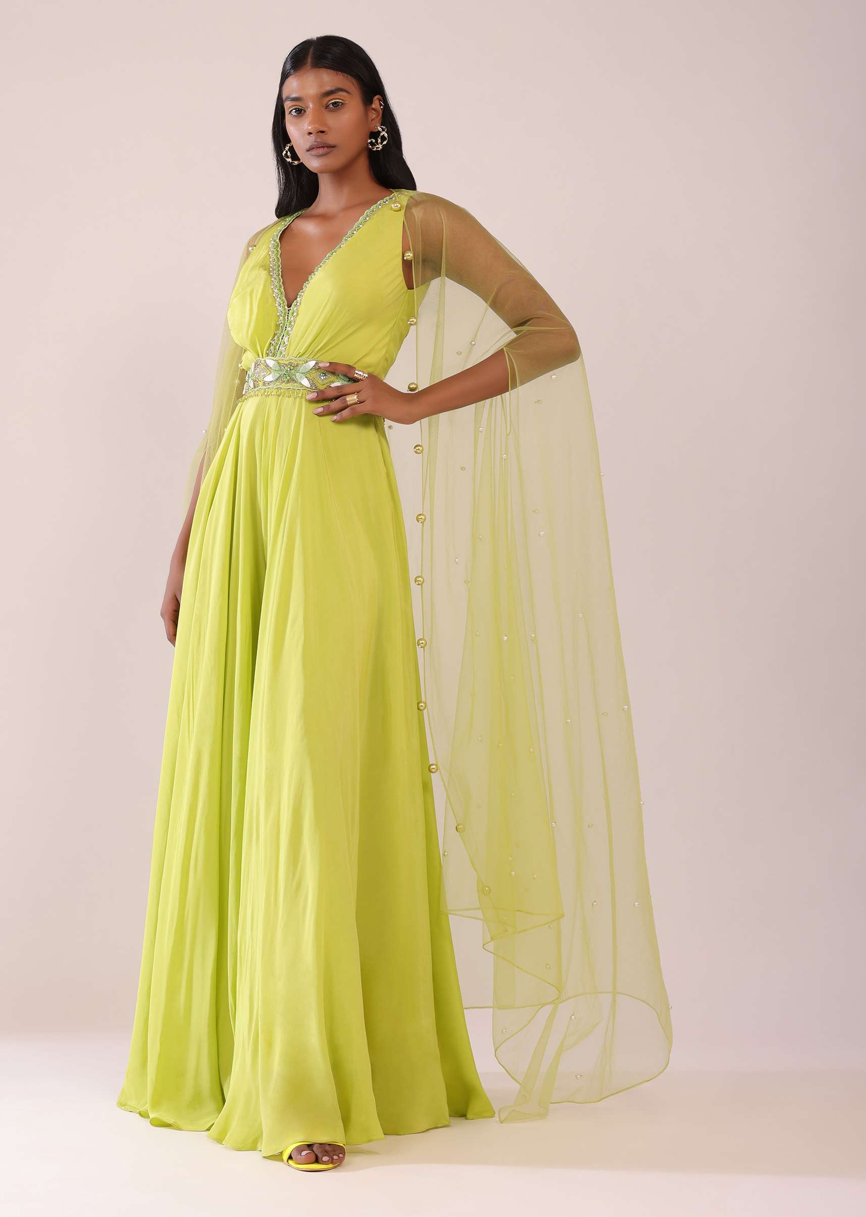 Sheen Green Crepe Jumpsuit And Net Shrug With A Crystal Bead Embroidered Belt