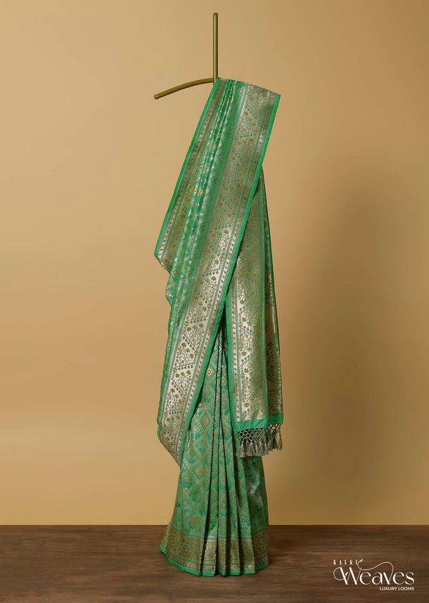 Parrot Green Katan Silk Banarasi Ikat Patola Weave Saree With Unstitched Blouse Piece
