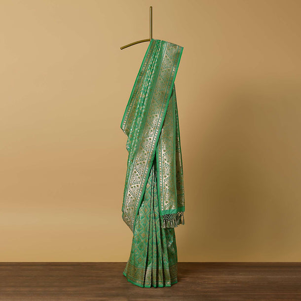 Parrot Green Katan Silk Banarasi Ikat Patola Weave Saree With Unstitched Blouse Piece
