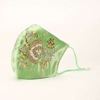 Parrot Green Mask In Satin Silk With Moti And Zardosi Embroidered Floral Motif