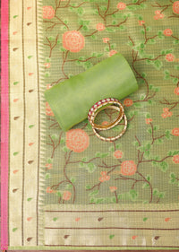 Parrot Green Paithani Silk Dress Material
