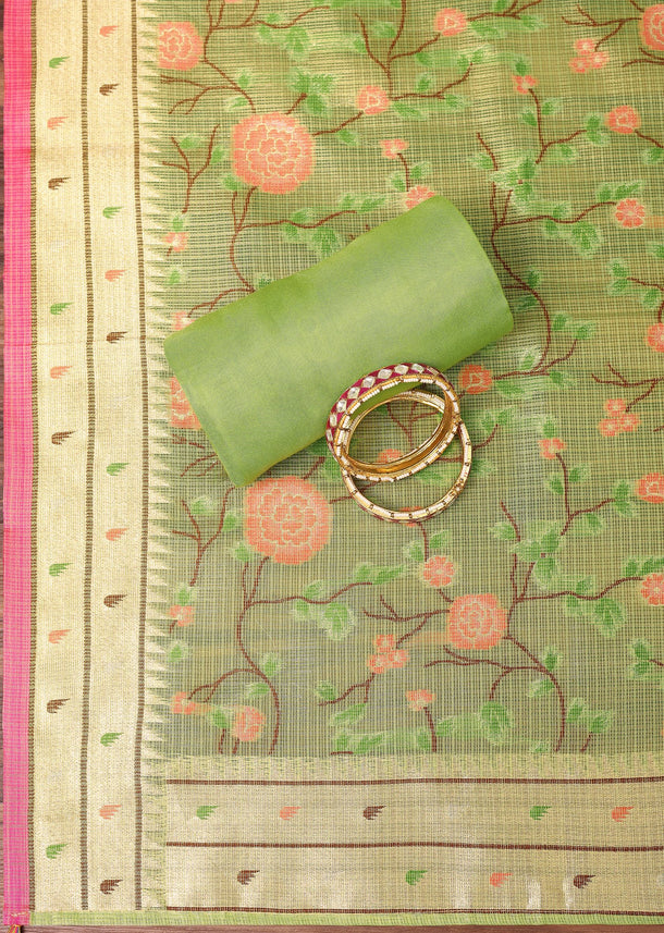 Parrot Green Paithani Silk Dress Material