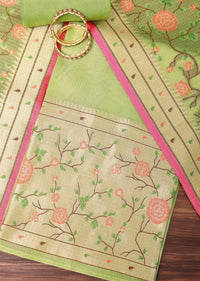 Parrot Green Paithani Silk Dress Material
