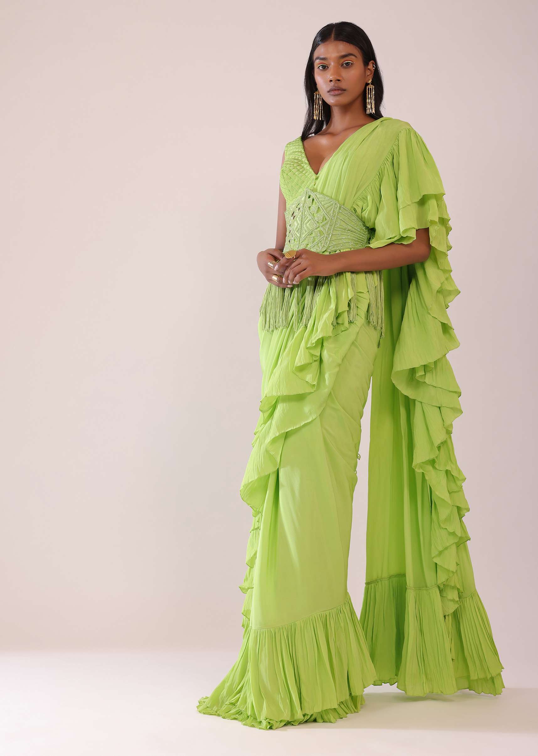 Fern Green Stitched Frill Saree In Crepe With Blouse And A Cut Work Belt