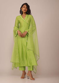 Parrot Green Suit Set In Art Silk With Tassels On The Sleeves And Dupatta