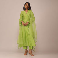 Parrot Green Suit Set In Art Silk With Tassels On The Sleeves And Dupatta