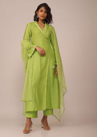Parrot Green Suit Set In Art Silk With Tassels On The Sleeves And Dupatta
