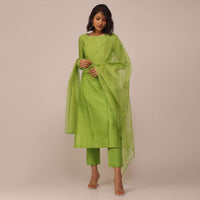 Parrot Green Suit Set In Art Silk With Tassels On The Sleeves