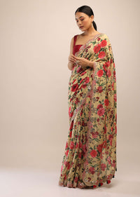 Parsnip Yellow Saree In Soft Silk With Multi Colored Floral Print And Mirror Embroidered Border