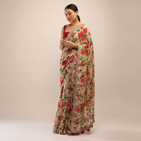 Parsnip Yellow Saree In Soft Silk With Multi Colored Floral Print And Mirror Embroidered Border