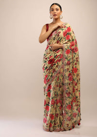Parsnip Yellow Saree In Soft Silk With Multi Colored Floral Print And Mirror Embroidered Border