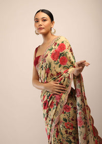 Parsnip Yellow Saree In Soft Silk With Multi Colored Floral Print And Mirror Embroidered Border