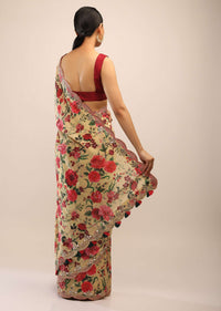 Parsnip Yellow Saree In Soft Silk With Multi Colored Floral Print And Mirror Embroidered Border
