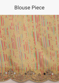 Parsnip Yellow Saree In Soft Silk With Multi Colored Floral Print And Mirror Embroidered Border
