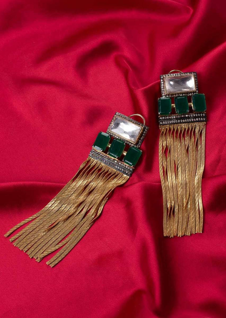 Party wear long  sleek tassel earring  with jade green semi precious stone only on Kalki