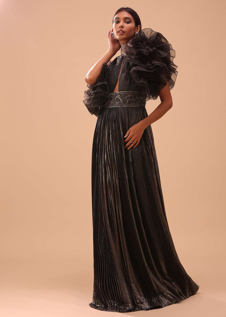 Dark Brown Party Gown In With Ruffled Frill Flounce - NOOR 2022