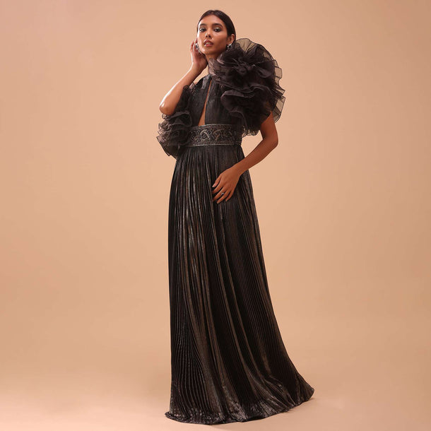 Dark Brown Party Gown In With Ruffled Frill Flounce - NOOR 2022