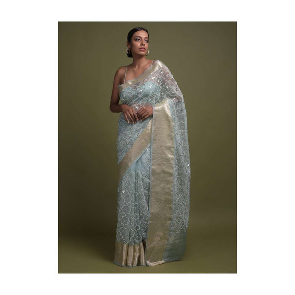 Pastel Blue Saree In Organza With Pearls Embroidered Moroccan Jaal And Gotta Work Buttis Online - Kalki Fashion