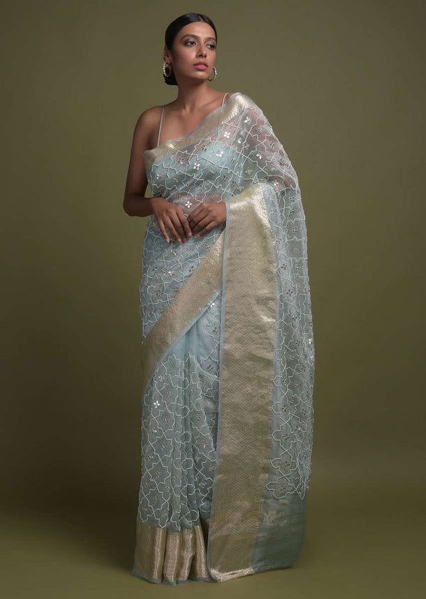 Pastel Blue Saree In Organza With Pearls Embroidered Moroccan Jaal And Gotta Work Buttis Online - Kalki Fashion