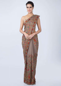 Pastel Brown Saree In Resham Jaal Embroidered Georgette Online - Kalki Fashion