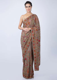 Pastel Brown Saree In Resham Jaal Embroidered Georgette Online - Kalki Fashion