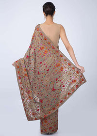 Pastel Brown Saree In Resham Jaal Embroidered Georgette Online - Kalki Fashion