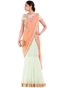 Pastel Green & Orange Drape Gown Saree