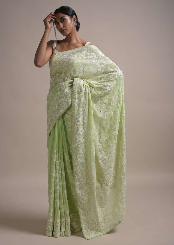 Pastel Green Saree In Georgette Adorned With Lucknowi Thread Embroidered Floral Jaal Online - Kalki Fashion