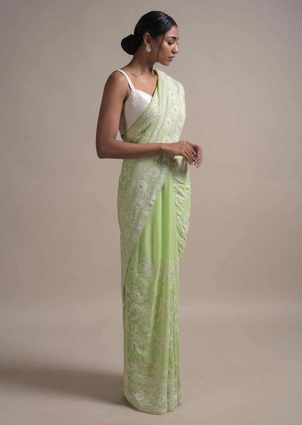 Pastel Green Saree In Georgette Adorned With Lucknowi Thread Embroidered Floral Jaal Online - Kalki Fashion