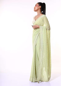 Pastel Green Saree In Georgette With Lucknowi Thread And Stone Embroidered Floral Border And Buttis Online - Kalki Fashion