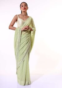 Pastel Green Saree In Georgette With Lucknowi Thread And Stone Embroidered Floral Border And Buttis Online - Kalki Fashion