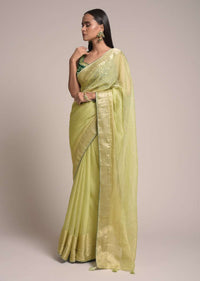 Pastel Green Saree In Kota Silk With Woven Zari Checks And Dark Green Gotta Patti Embroidered Blouse Online - Kalki Fashion