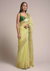 Pastel Green Saree In Kota Silk With Woven Zari Checks And Dark Green Gotta Patti Embroidered Blouse Online - Kalki Fashion