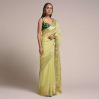 Pastel Green Saree In Kota Silk With Woven Zari Checks And Dark Green Gotta Patti Embroidered Blouse Online - Kalki Fashion