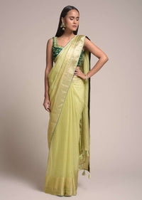 Pastel Green Saree In Kota Silk With Woven Zari Checks And Dark Green Gotta Patti Embroidered Blouse Online - Kalki Fashion