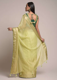 Pastel Green Saree In Kota Silk With Woven Zari Checks And Dark Green Gotta Patti Embroidered Blouse Online - Kalki Fashion